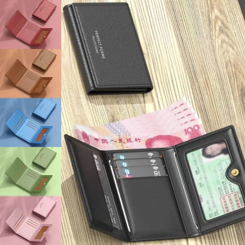 A black leather card holder wallet is shown open, displaying multiple slots and a passport or ID document.