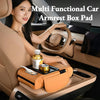 A woman is shown using a multi-functional car armrest box pad with cup holders and storage in a car interior.