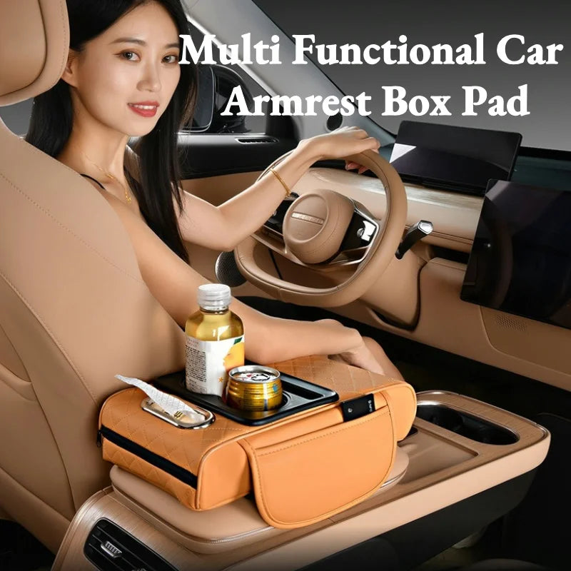 A woman is shown using a multi-functional car armrest box pad with cup holders and storage in a car interior.