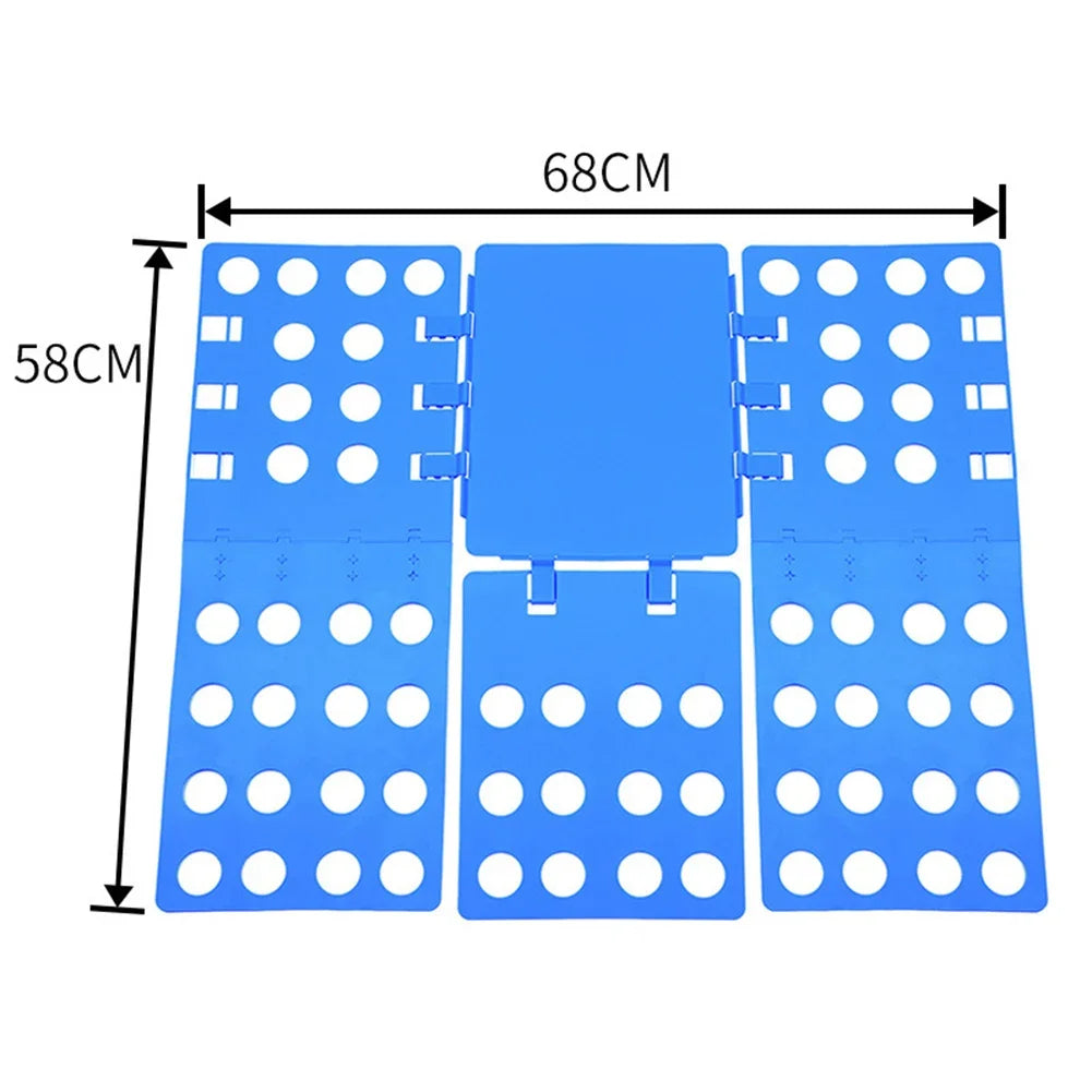 A blue portable clothes folding board with multiple circular holes for laundry organization.