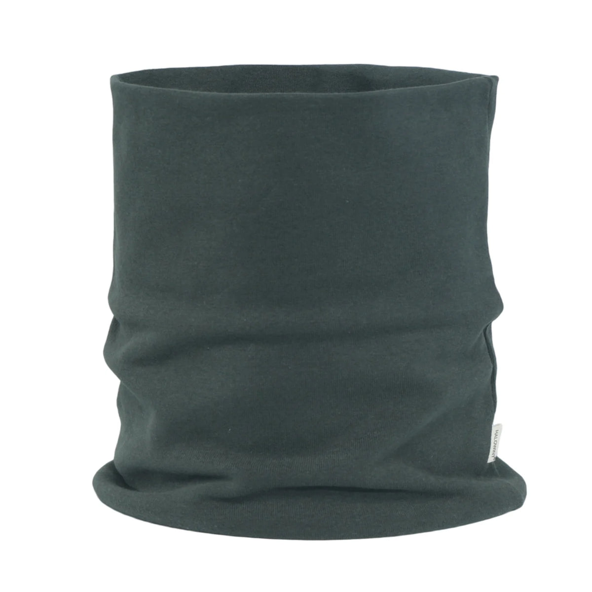 A dark gray, knitted neck warmer or scarf for men and women.