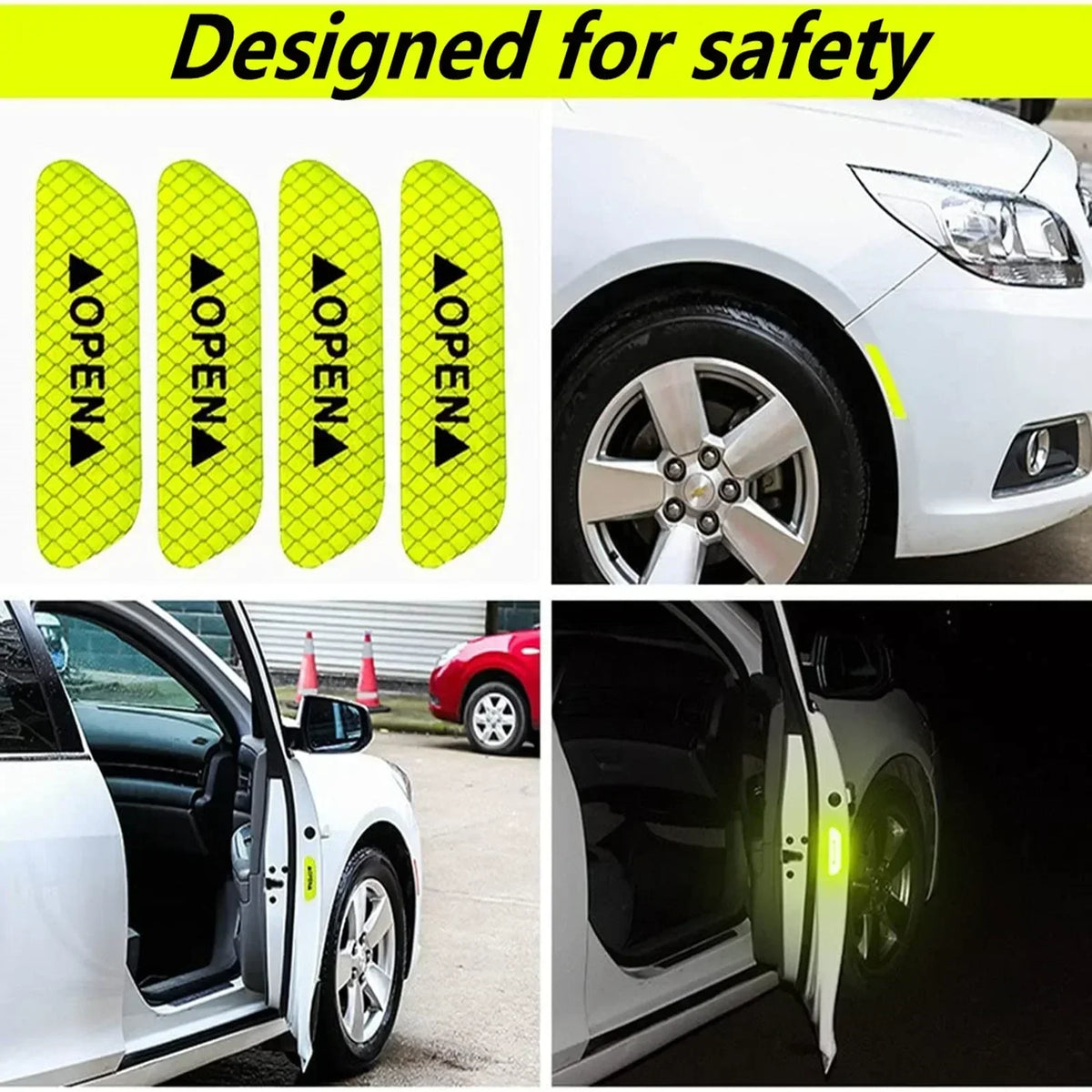 Cuatro calcomanías reflectantes amarillas diseñadas para la seguridad de las puertas del coche