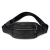 Black genuine leather multi-pocket waist bag with a strap shown from the top.