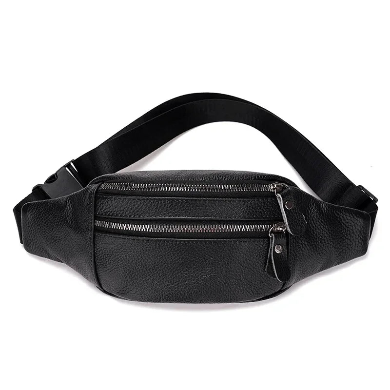 Black genuine leather multi-pocket waist bag with a strap shown from the top.