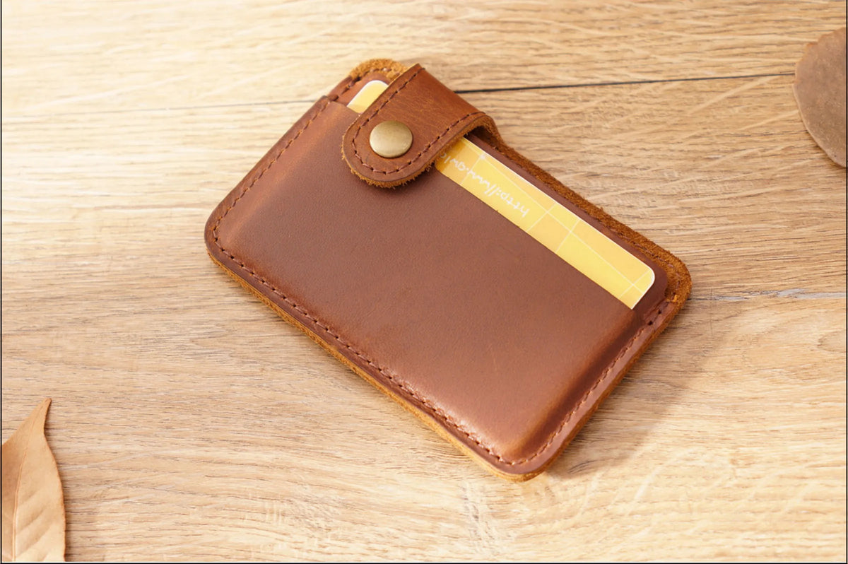Vintage Leather Slim Card Holder with Snap Closure