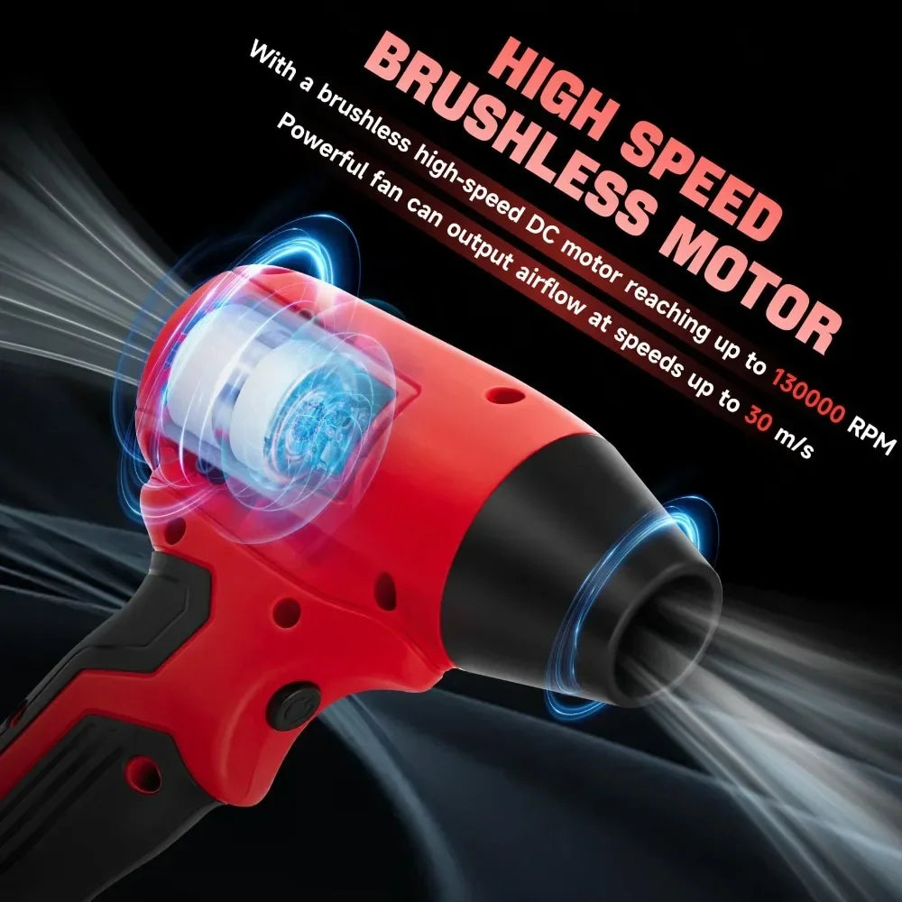 Red cordless handheld turbo blower demonstrating high-speed airflow from a brushless DC motor.