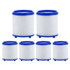 Six white cylindrical filters with blue caps and bases for a 360° rotating faucet water purifier