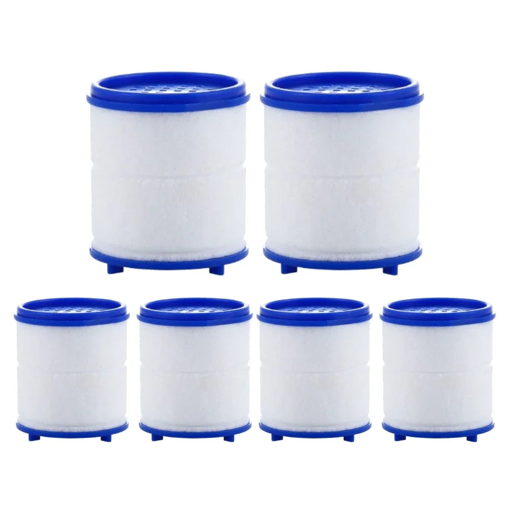 Six white cylindrical filters with blue caps and bases for a 360° rotating faucet water purifier