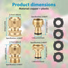 A set of copper and plastic quick-connect garden hose fittings with various dimensions shown in diagrams.