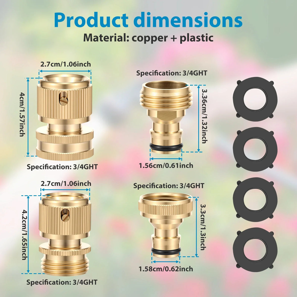 A set of copper and plastic quick-connect garden hose fittings with various dimensions shown in diagrams.