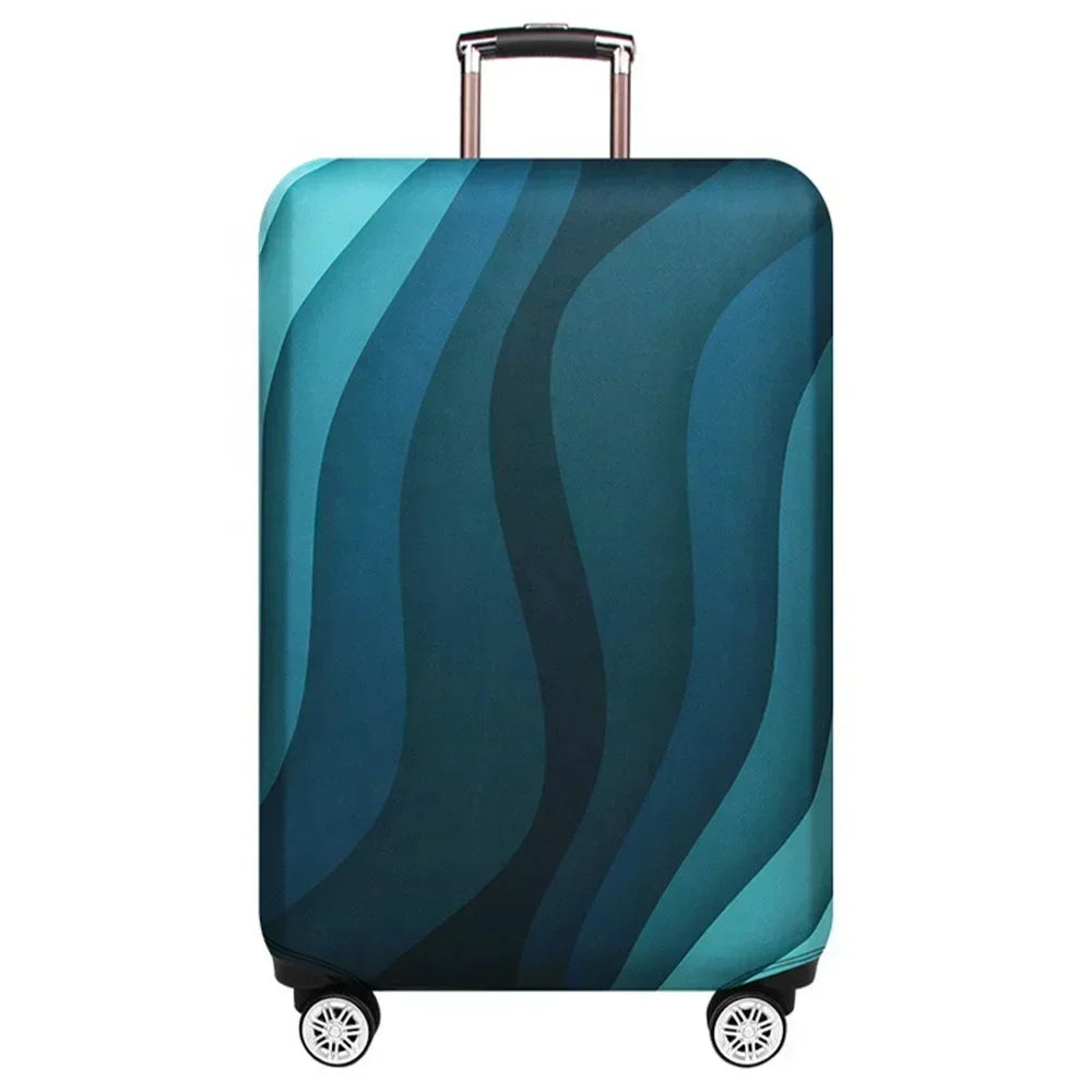 A teal and dark blue striped suitcase protector cover with a silver handle and wheels.