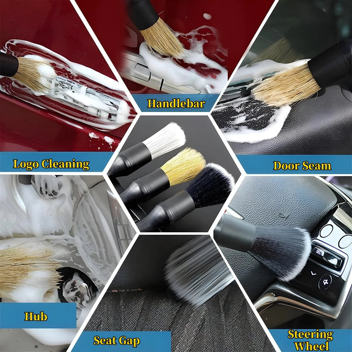 A set of five detailing brushes including a handlebar, door seam brush, hub brush, seat gap brush, and steering wheel brush f