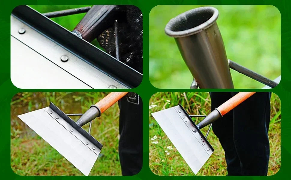 A set of durable manganese steel shovels and a metal nozzle for cleaning and maintenance tasks.