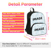 A black backpack and a separate pencil bag are shown with detailed specifications.
