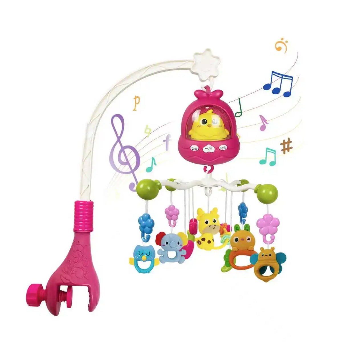 A pink musical baby crib mobile with yellow toys and light projector hanging from a white bar.