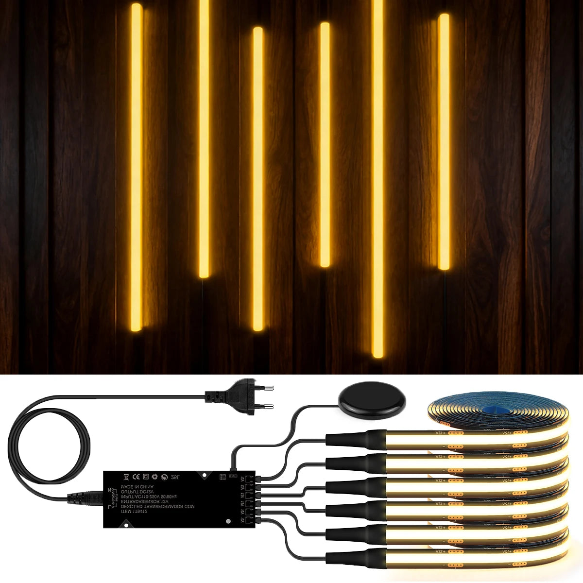 A black touch-dimming COB LED strip light is shown with multiple flexible strips and a power adapter.