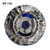 A silver and blue alloy battle spinning top with intricate geometric patterns.