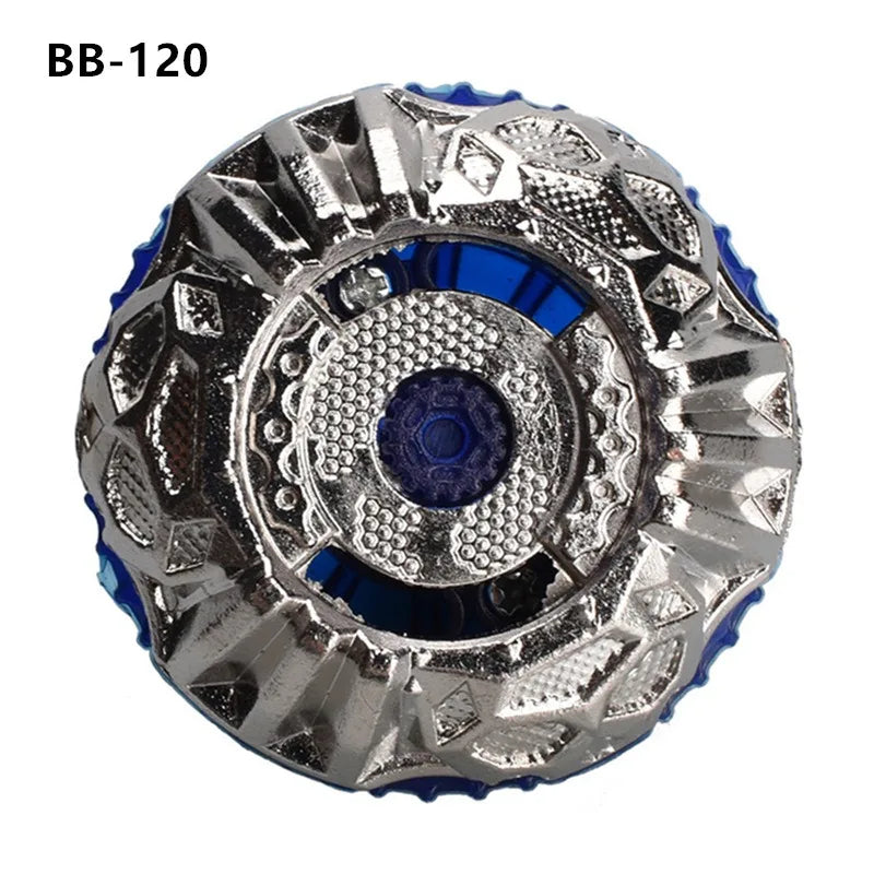 A silver and blue alloy battle spinning top with intricate geometric patterns.
