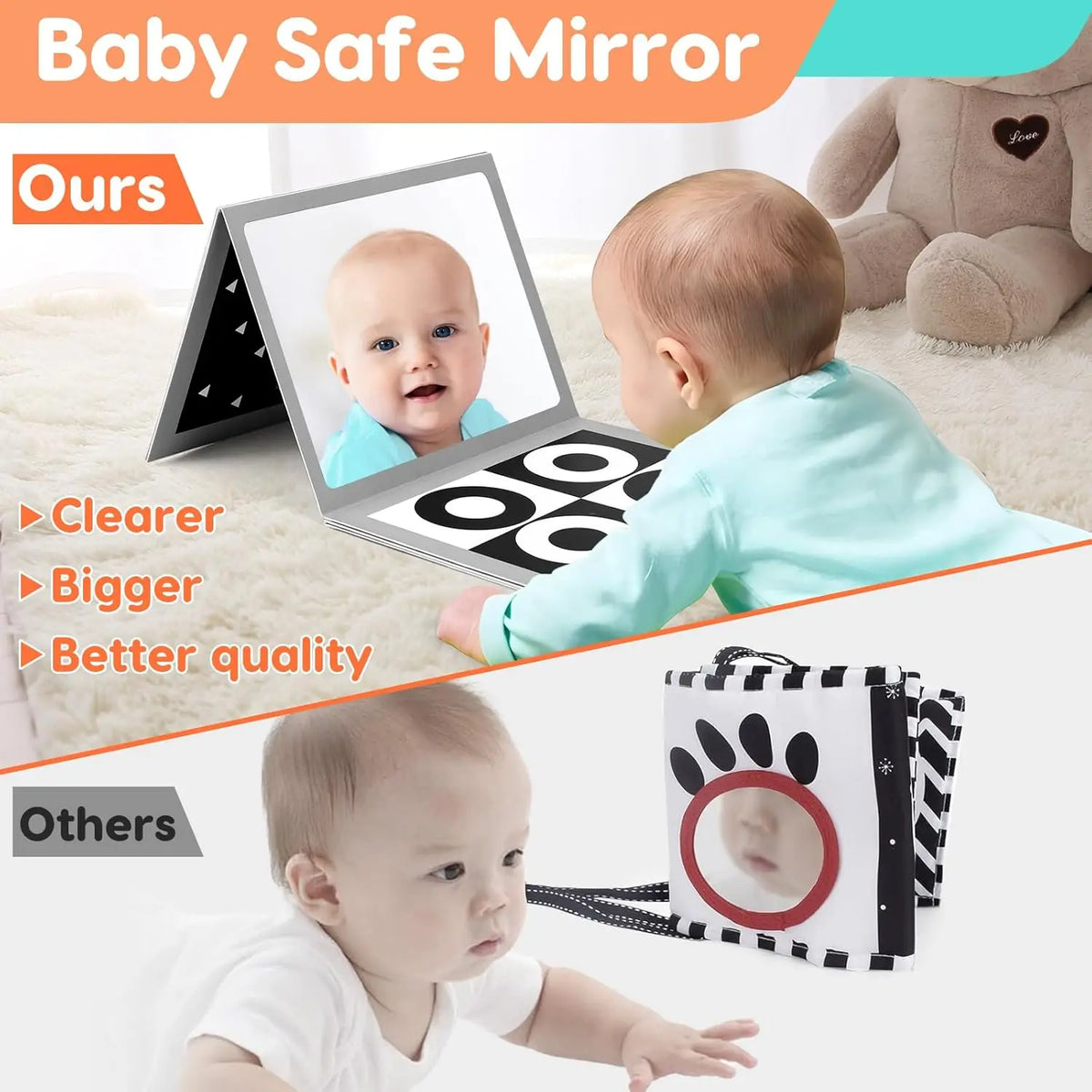 A baby is looking into a high contrast mirror used for tummy time, demonstrating a baby safe mirror product.
