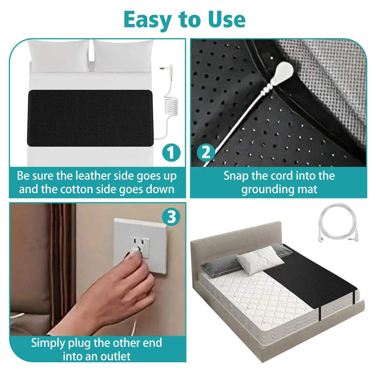 Instructions showing how to use a conductive grounding mattress pad by snapping the cord into the mat and plugging it into an