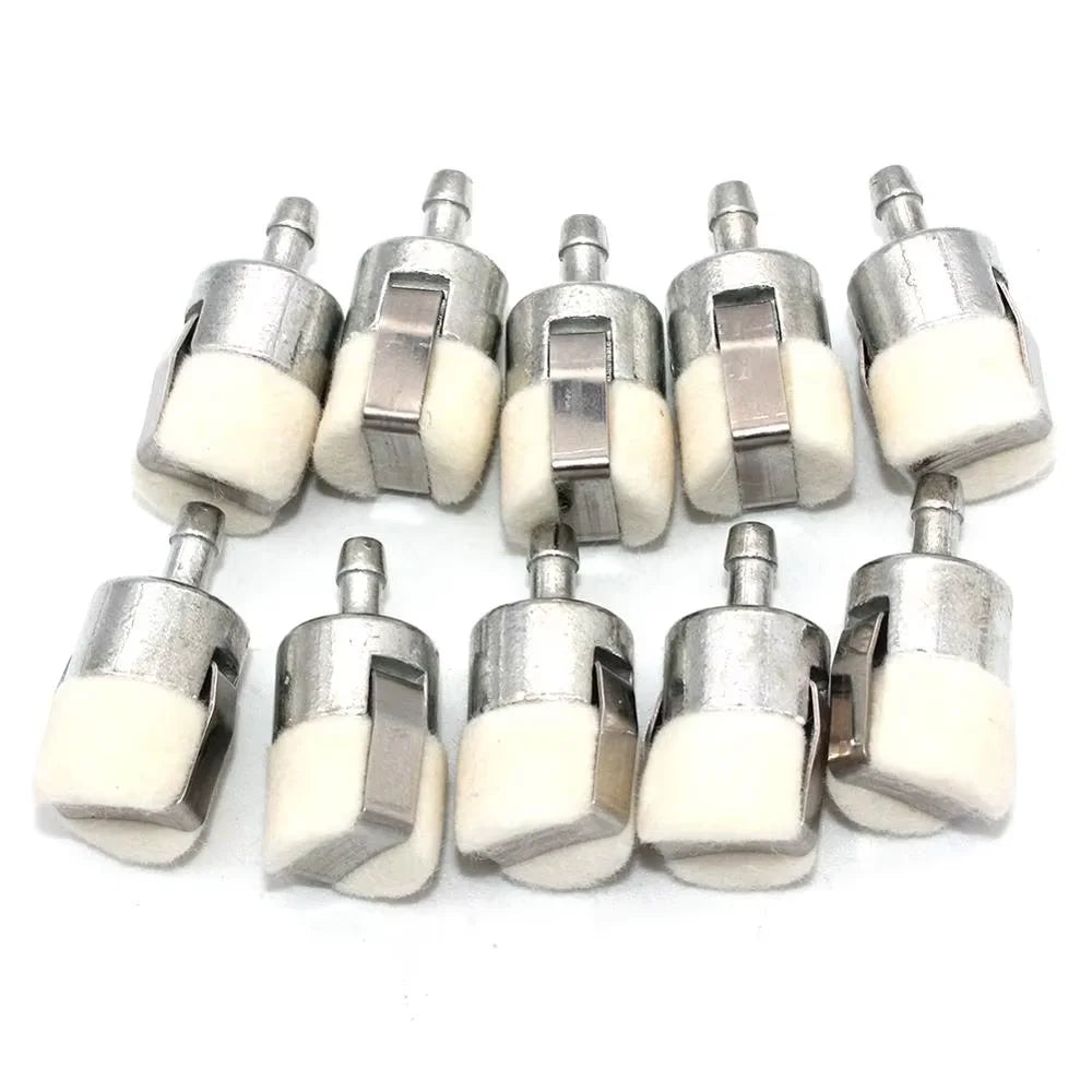 A set of replacement fuel filters for outdoor power equipment, silver and white plastic components.