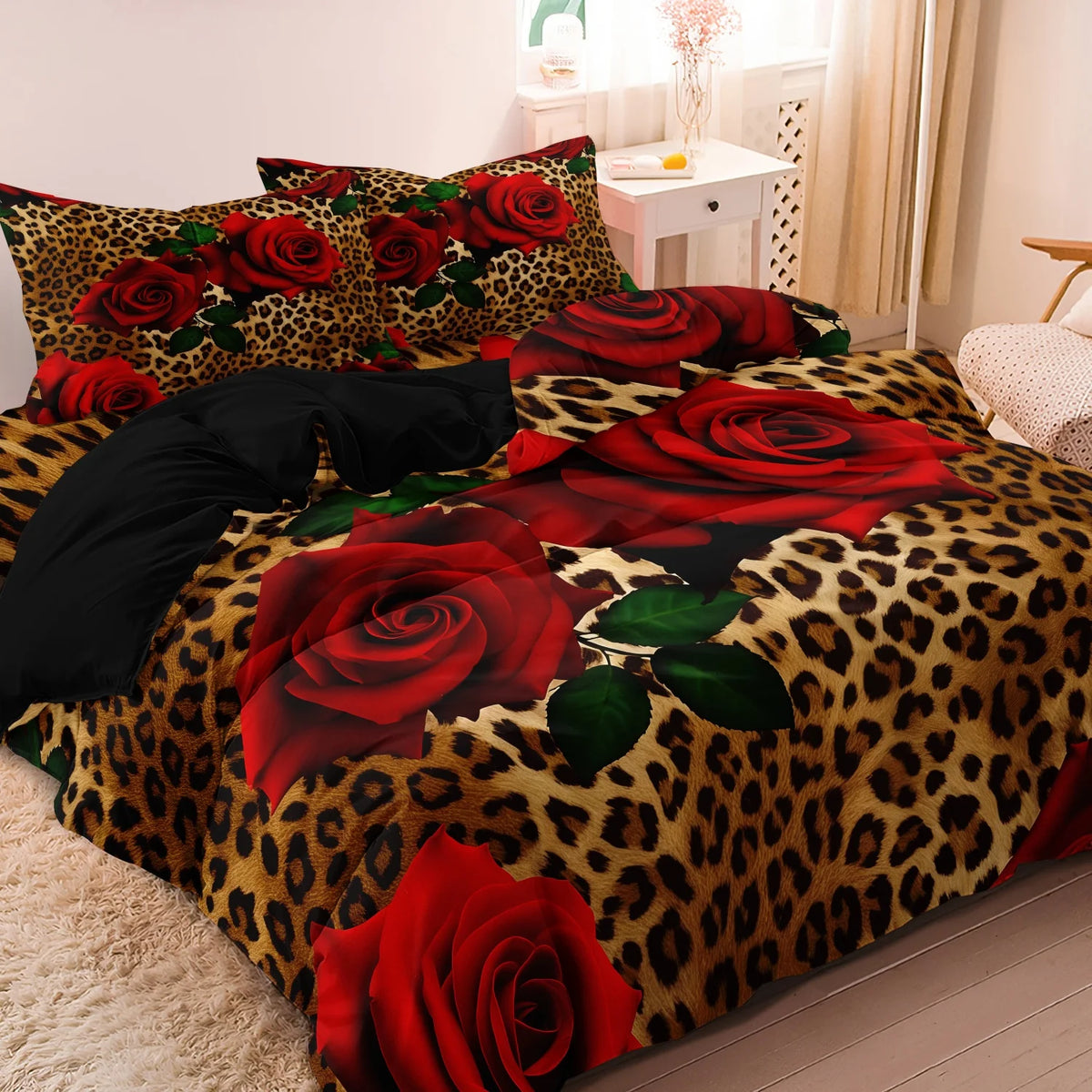 3-Piece Leopard Rose Print Duvet Cover Set