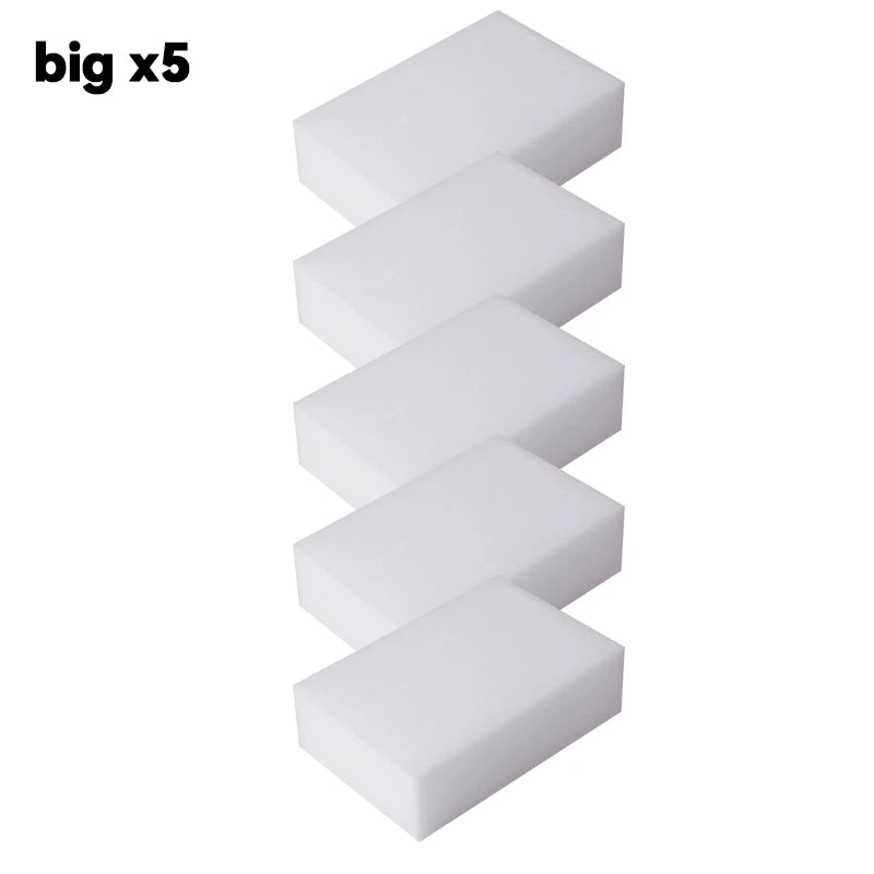 Five white melamine sponge cleaning erasers stacked vertically.