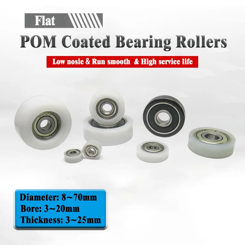 Flat POM coated bearing rollers with various diameters and bores shown on a white background.