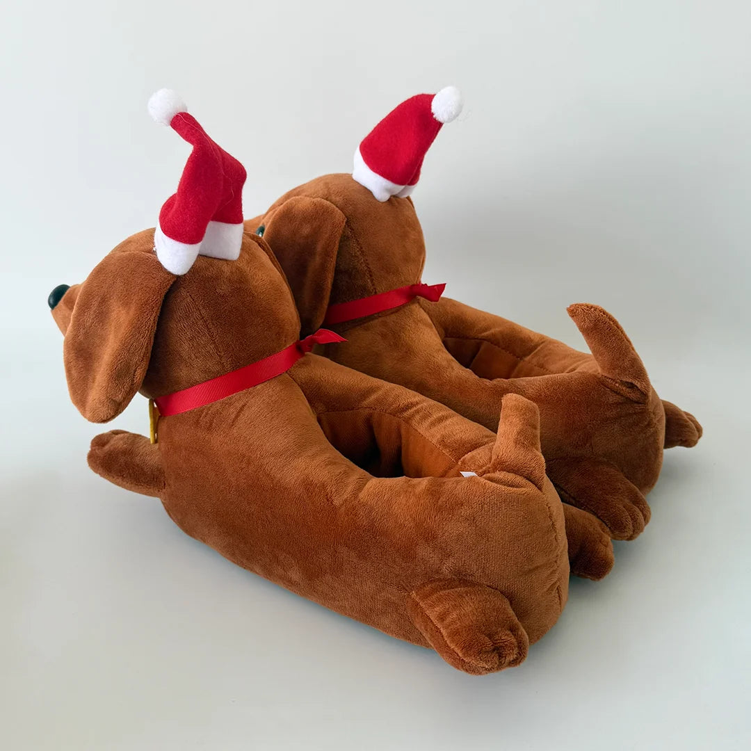 A pair of brown dachshund plush slippers with red noses and ear coverings.