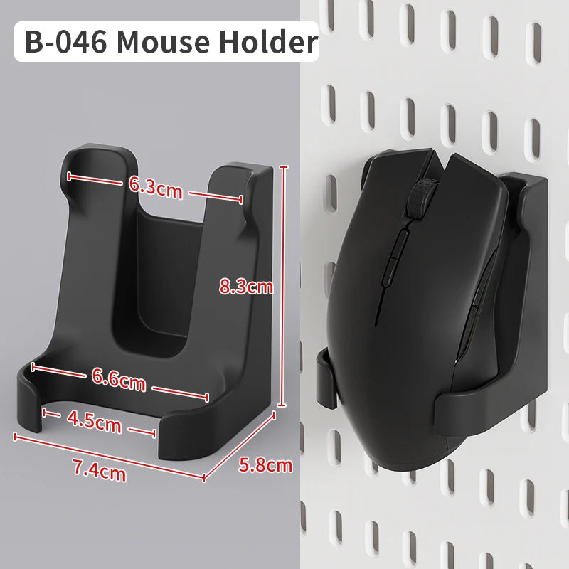 Black B-046 mouse holder designed to secure a computer mouse on a desk or pegboard.