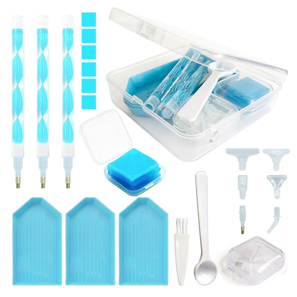 A complete diamond painting accessory kit featuring tools, beads, and a storage box for crafting.