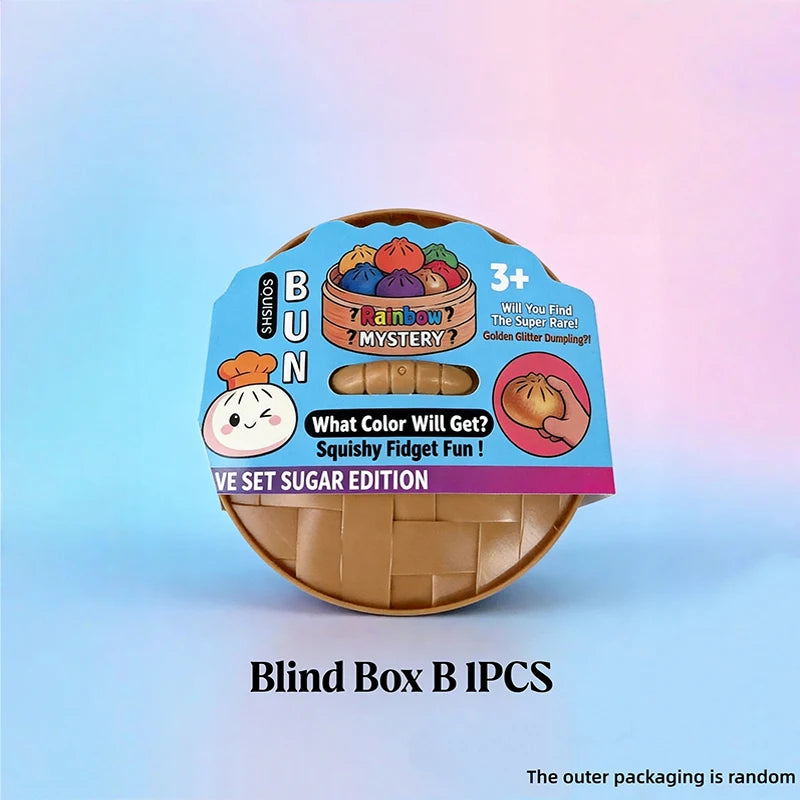 A blind box of colorful squishy fidget fun toys in a brown basket with a rainbow theme