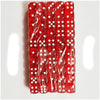 A pack of 100 transparent red acrylic D6 dice in a vertical arrangement.