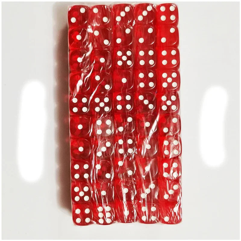 A pack of 100 transparent red acrylic D6 dice in a vertical arrangement.