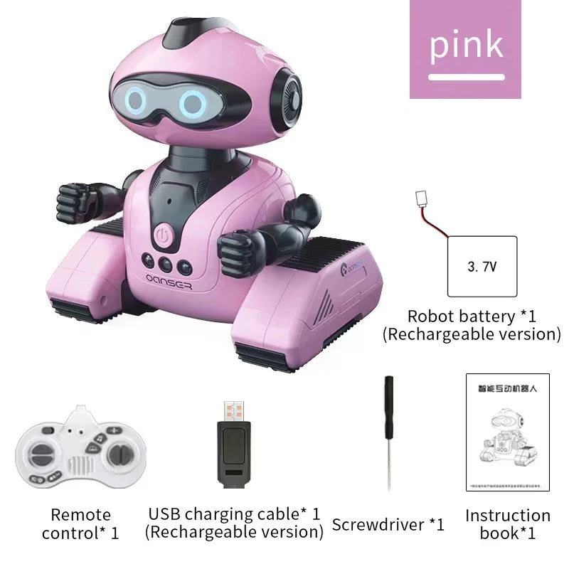 A pink robot toy with large eyes is shown next to its accessories including a remote control, USB charging cable, and screwdr