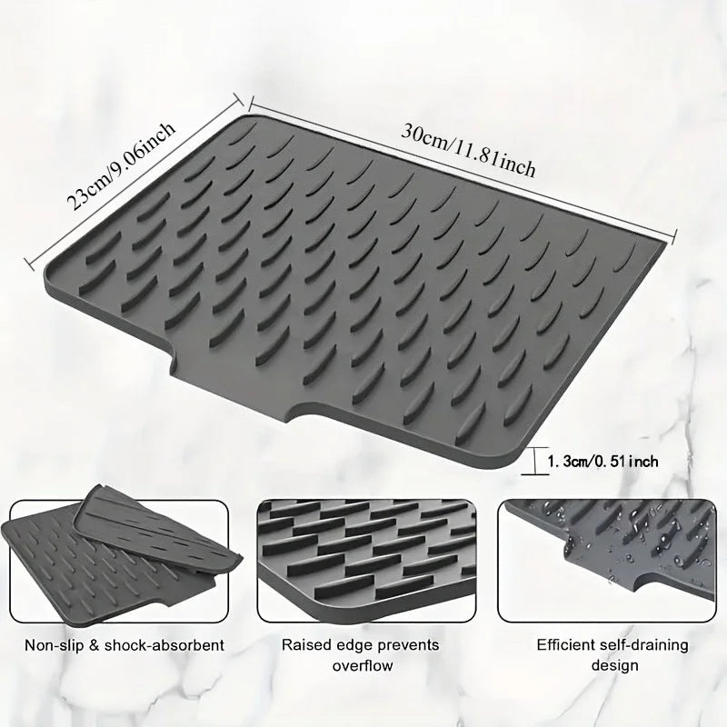 A dark gray silicone dish drying mat with a textured surface designed for non-slip grip and efficient self-draining.