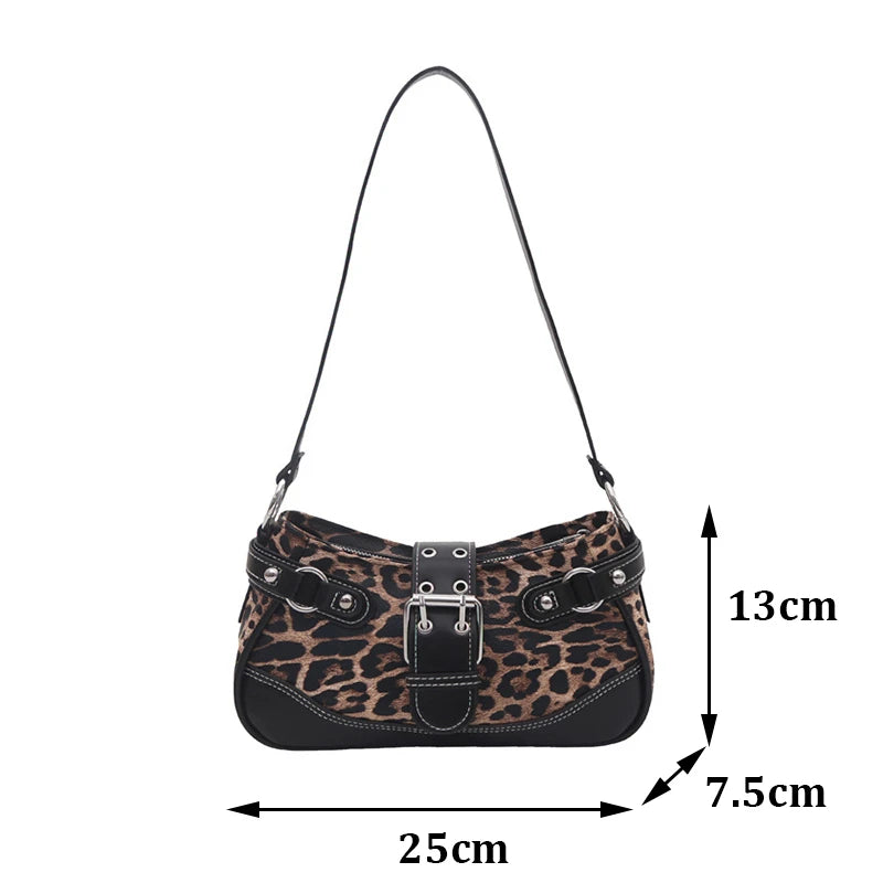 A leopard print PU leather shoulder bag shown from the front with dimensions 25cm by 13cm.