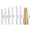 A set of leather sewing awls with replaceable needles shown alongside various sizes.