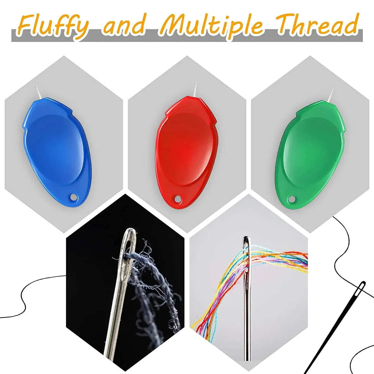A set of three colorful needles and threaders shown in various colors, including blue, red, and green, with a close-up of the