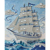 A detailed painting of a white sailing ship adorned with numerous pearls and blue accents on a textured background.