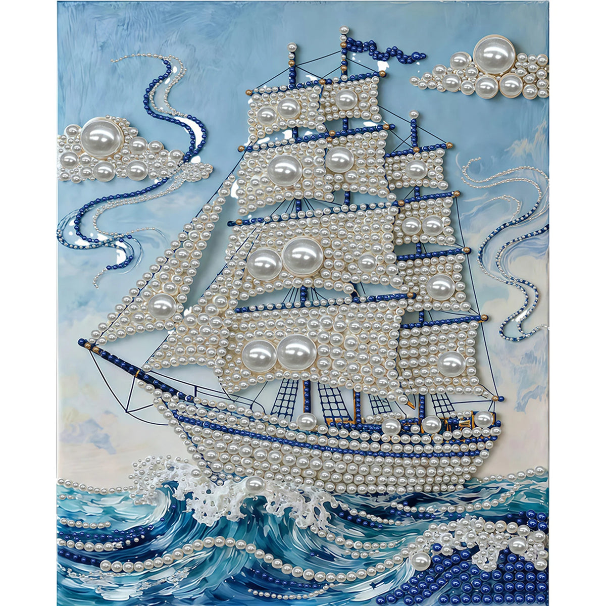 A detailed painting of a white sailing ship adorned with numerous pearls and blue accents on a textured background.