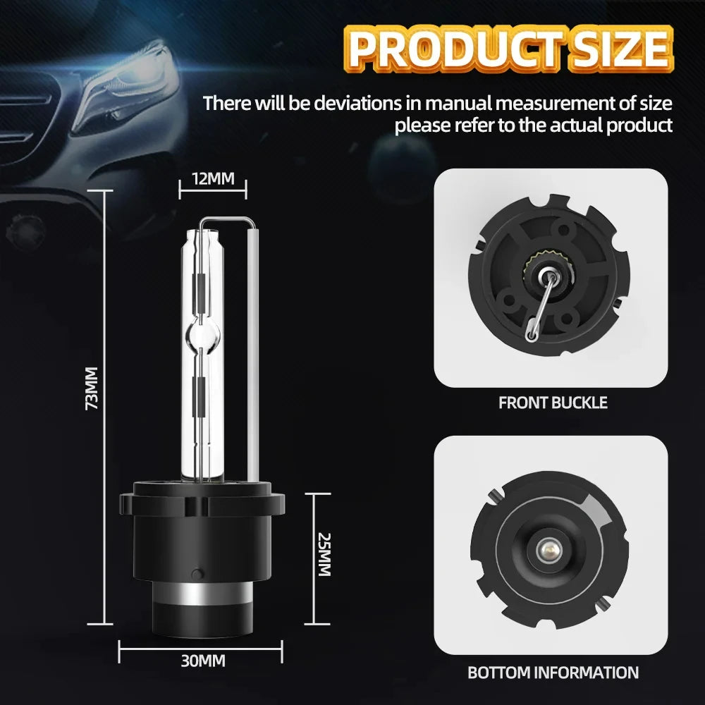 A diagram showing the size and dimensions of an HID Xenon headlight bulb, including front buckle and bottom information.