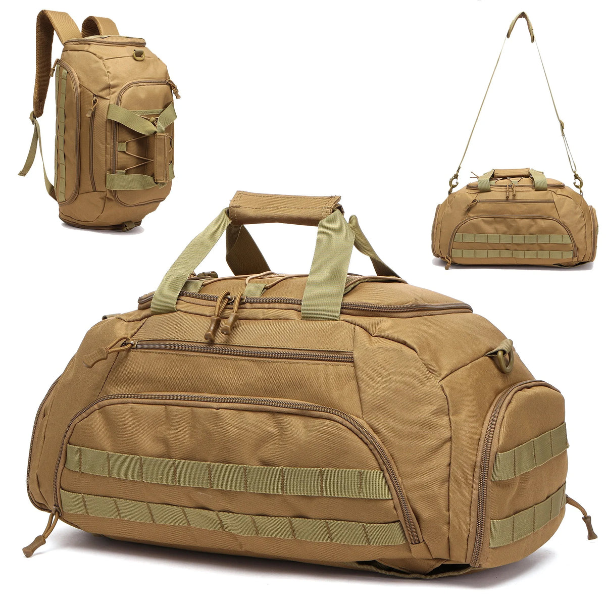 Tan tactical gym backpack with shoe compartment shown in various views.