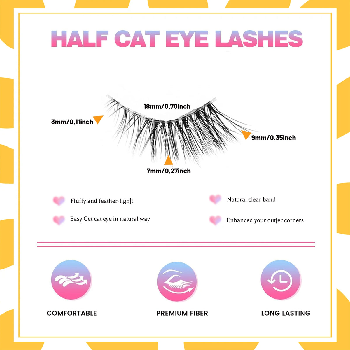 Diagramme montrant les dimensions des cils à œil de chat, incluant des mesures de 3 mm et 9 mm.