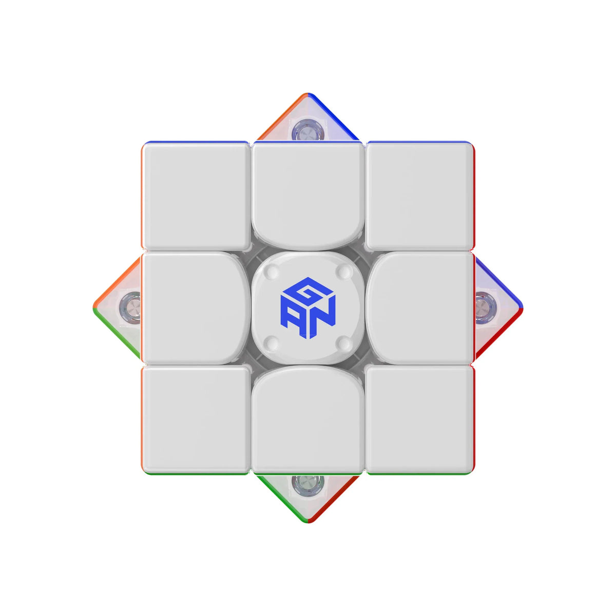 A white speed cube with blue and green accents, showing a disassembled view.