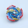 A clear and red metal battle spinning top featuring gold accents and a blue swirling design.