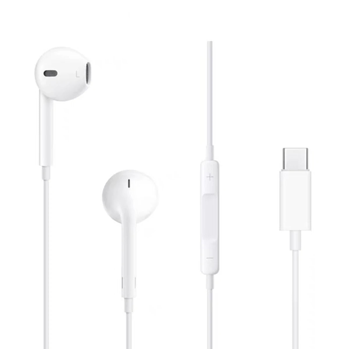 White USB-C wired earphones with inline mic shown in various forms.