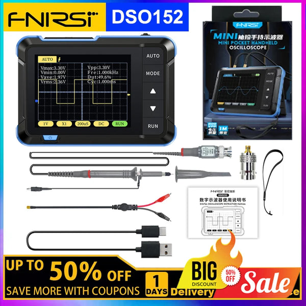 A portable mini digital oscilloscope with a color display and various accessories shown in a product box.