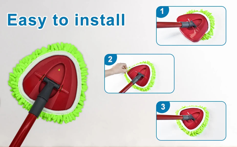 Three replacement spin mop heads shown in different stages of installation for easy cleaning.