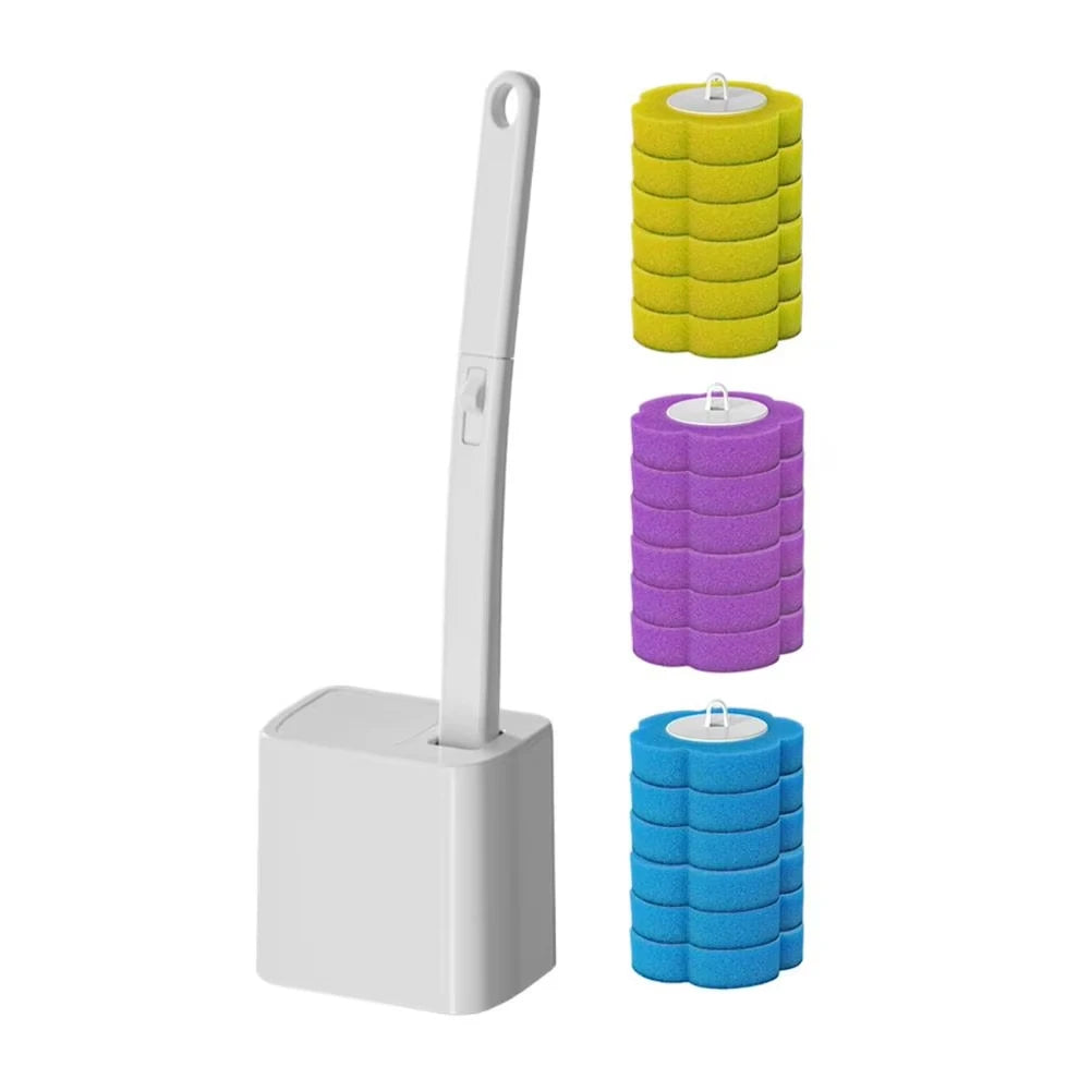 A set of disposable toilet brushes featuring long handles and wall-mount holders in yellow, purple, and blue.